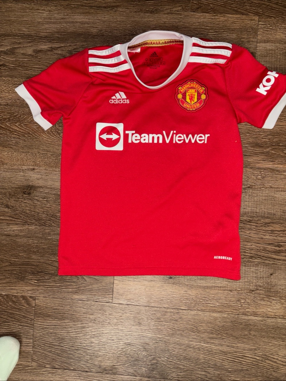 adidas Kids Red Manchester United Jersey with White Accents
